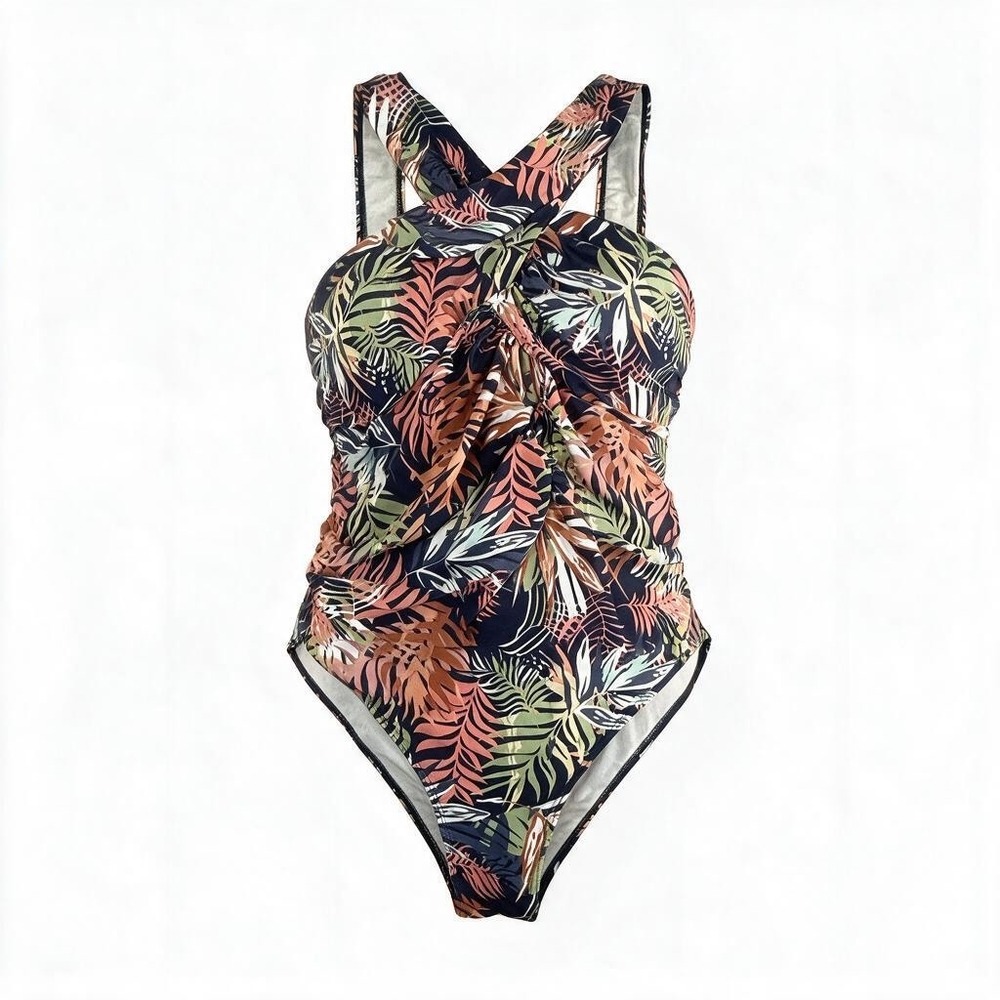 Tropical Leaf Criss Cross Halter One Piece Swimsuit Navy Coral XL 43820